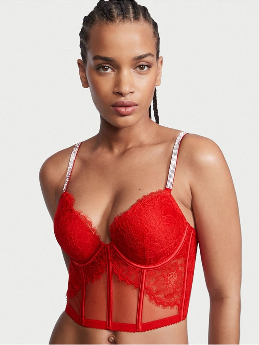 Victoria's Secret Red Lace Longline Bustier with Rhinestone Straps